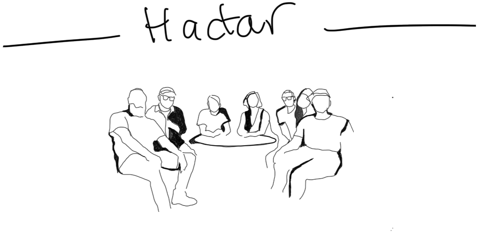 A hand drawn illustration with the silluetes of the team from Hactar. It includes seven people but they cannot be identified.